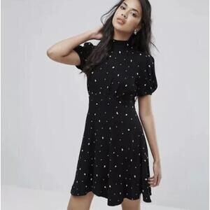 Free People Abbie Black Polka Dot Dress with Tie Neck and Puff Sleeves